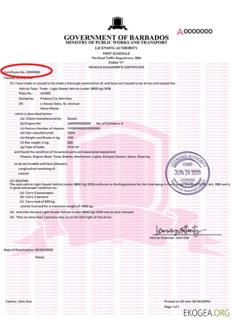 Certificat d'immatriculation du véhicule de la Barbade